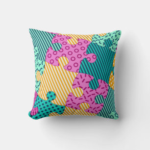 The banner with geometric puzzles, Memphis backgro Cushion
