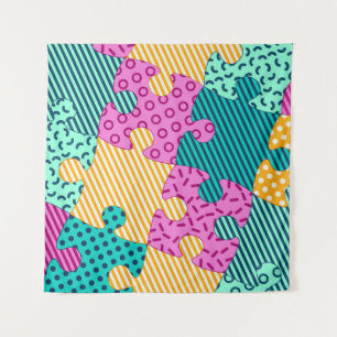 The banner with geometric puzzles, Memphis backgro Tapestry