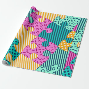 The banner with geometric puzzles, Memphis backgro Wrapping Paper