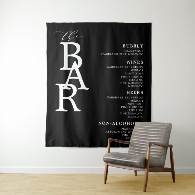 The Bar Black White Classic Wedding Bar Menu Sign  Tapestry (In Situ)