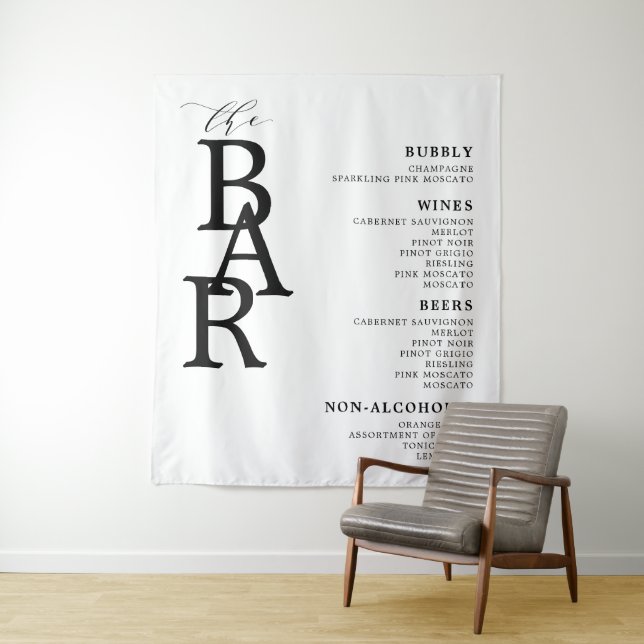 The Bar Black White Classic Wedding Bar Menu Sign  Tapestry (In Situ)