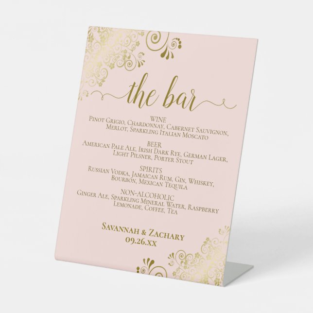The Bar Blush Pink & Gold Posh Drinks Menu Wedding Pedestal Sign (Front)