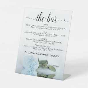 The Bar - Dusty Blue Rose Drinks Menu Wedding Pedestal Sign