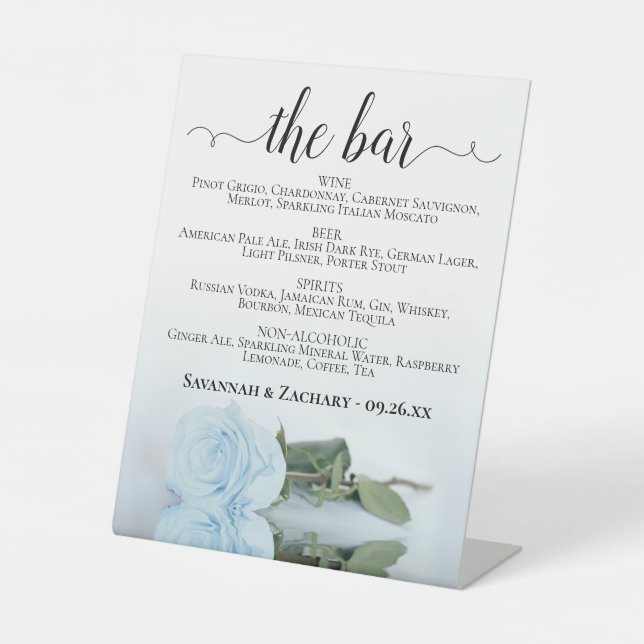 The Bar - Dusty Blue Rose Drinks Menu Wedding Pedestal Sign (Front)