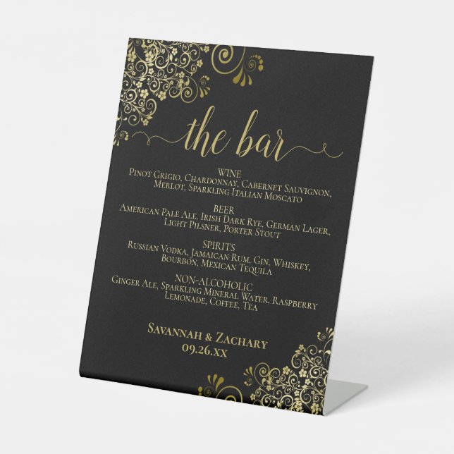 The Bar - Elegant Gold & Black Drinks Menu Wedding Pedestal Sign (Front)