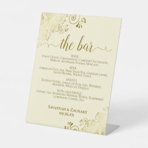 The Bar - Elegant Gold & Cream Drinks Menu Wedding Pedestal Sign
