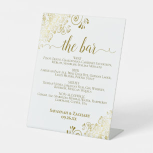 The Bar - Elegant Gold & White Drinks Menu Wedding Pedestal Sign