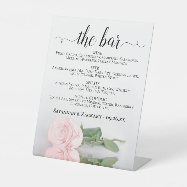 The Bar - Elegant Pink Rose Drinks Menu Wedding Pedestal Sign (Front)