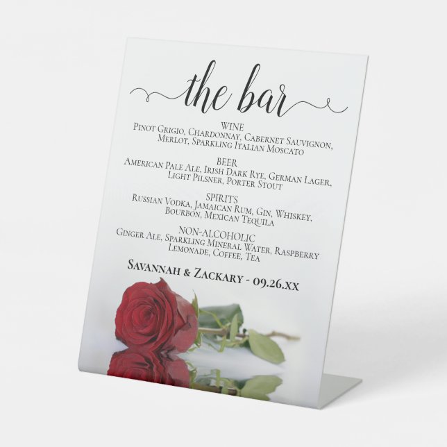 The Bar - Elegant Red Rose Drinks Menu Wedding Pedestal Sign (Front)