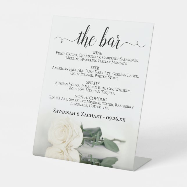 The Bar - Elegant White Rose Drinks Menu Wedding Pedestal Sign (Front)