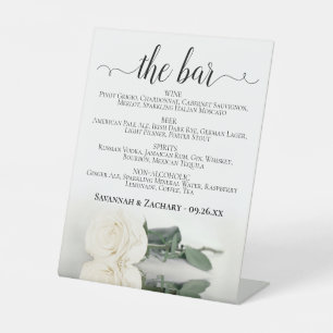 The Bar - Elegant White Rose Drinks Menu Wedding Pedestal Sign