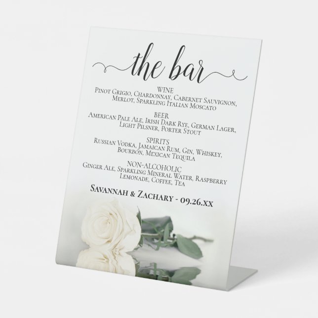The Bar - Elegant White Rose Drinks Menu Wedding Pedestal Sign (Front)