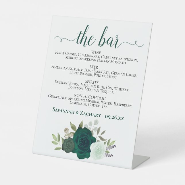 The Bar - Emerald Green Roses Drinks Menu Wedding Pedestal Sign (Front)