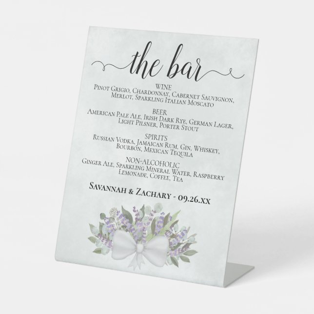 The Bar - Eucalyptus Lavender Drinks Menu Wedding Pedestal Sign (Front)