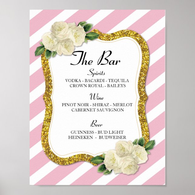 The Bar Event Sign Stripe Pink Wedding Reception (Front)