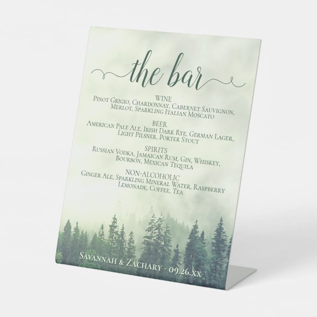 The Bar - Foggy Green Pines Drinks Menu Wedding Pedestal Sign (Front)