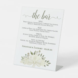 The Bar - Ivory White Floral Drinks Menu Wedding Pedestal Sign