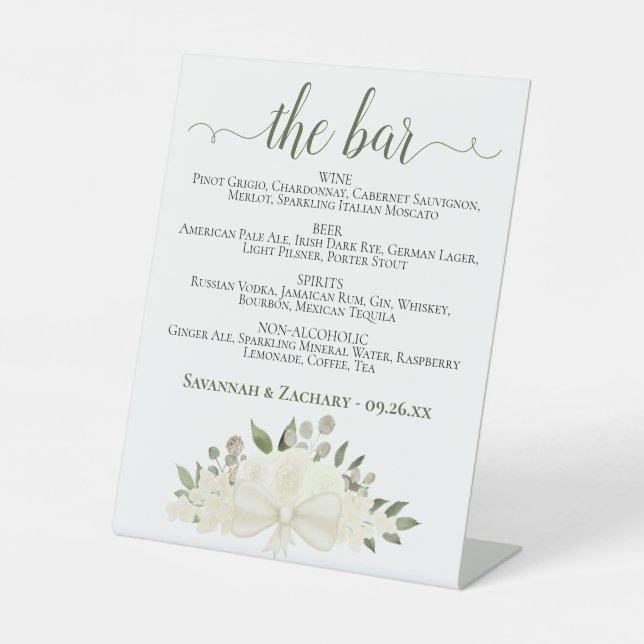 The Bar - Ivory White Floral Drinks Menu Wedding Pedestal Sign (Front)