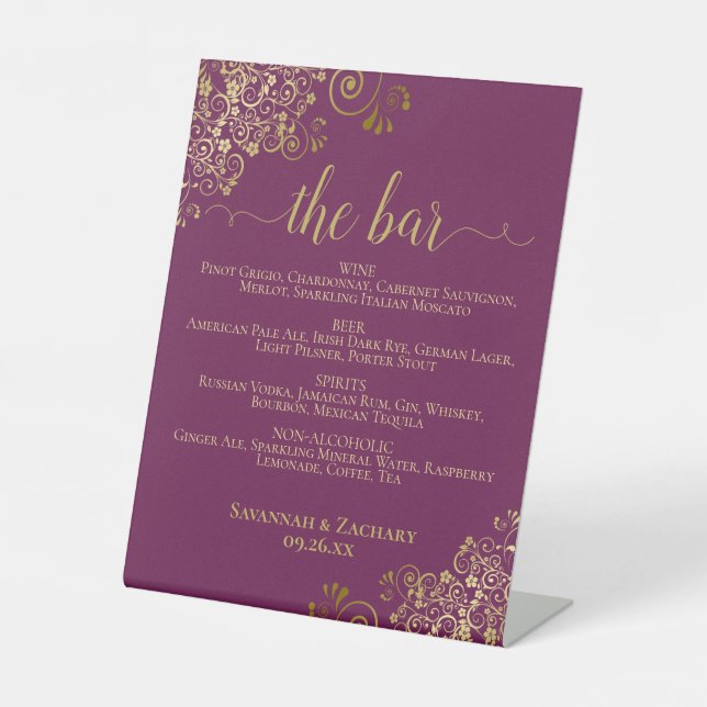 The Bar - Magenta & Gold Chic Drinks Menu Wedding Pedestal Sign (Front)