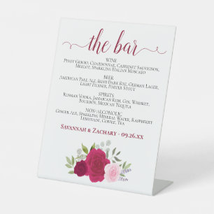 The Bar - Magenta & Pink Roses Drinks Menu Wedding Pedestal Sign