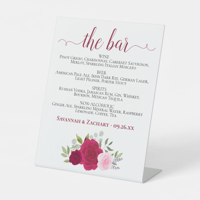 The Bar - Magenta & Pink Roses Drinks Menu Wedding Pedestal Sign (Front)