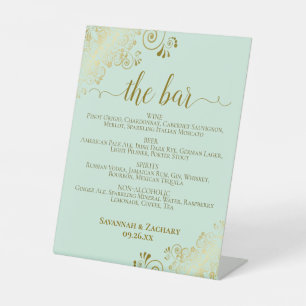 The Bar Mint Green & Gold Posh Drinks Menu Wedding Pedestal Sign