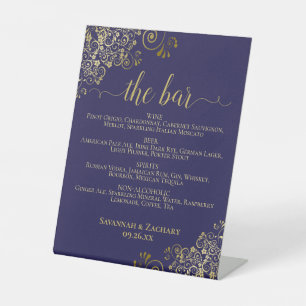The Bar - Navy Blue & Gold Drinks Menu Wedding Pedestal Sign