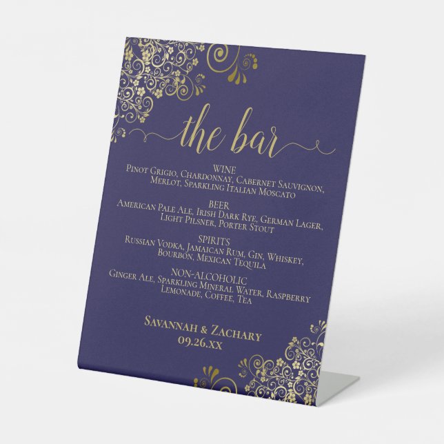 The Bar - Navy Blue & Gold Drinks Menu Wedding Pedestal Sign (Front)
