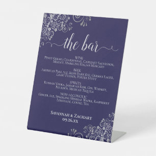 The Bar - Navy Blue & Silver Drinks Menu Wedding Pedestal Sign