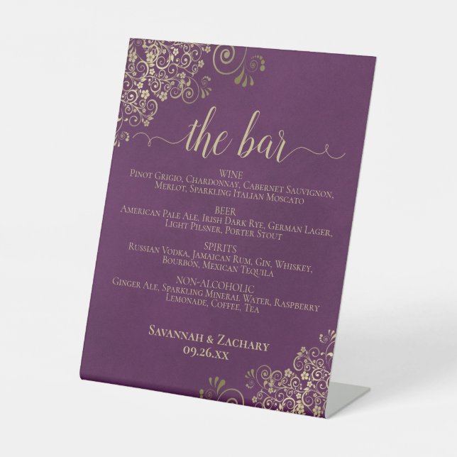 The Bar - Plum Purple & Gold Drinks Menu Wedding Pedestal Sign (Front)