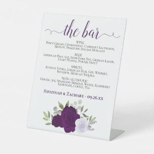 The Bar - Purple Boho Roses Drinks Menu Wedding Pedestal Sign
