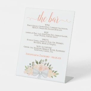 The Bar - Rustic Peach Floral Drinks Menu Wedding Pedestal Sign