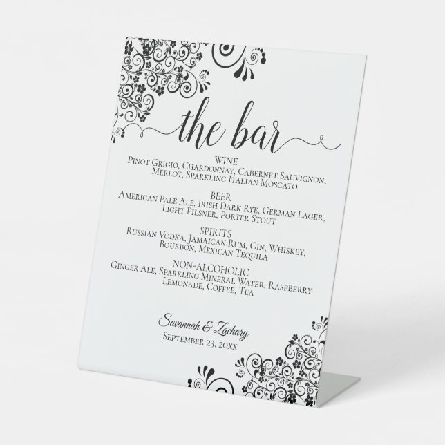 The Bar - Simple Black & White Drinks Menu Wedding Pedestal Sign (Front)