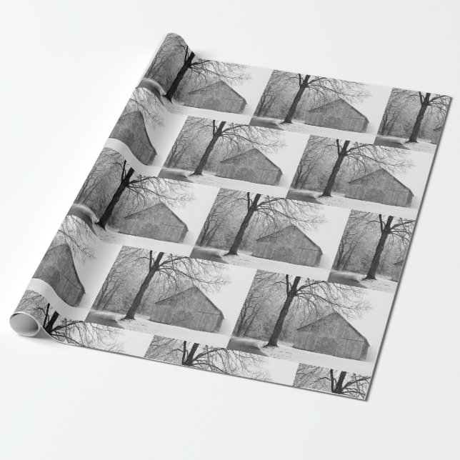 The Barn Early Snow Fall Black White Photography Wrapping Paper (Unrolled)