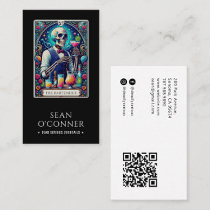 The Bartender Tarot Skeleton QR Code Black Business Card