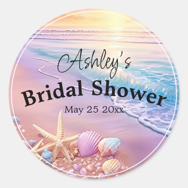 The Beach at Sunset Bridal Shower Classic Round Sticker (Front)