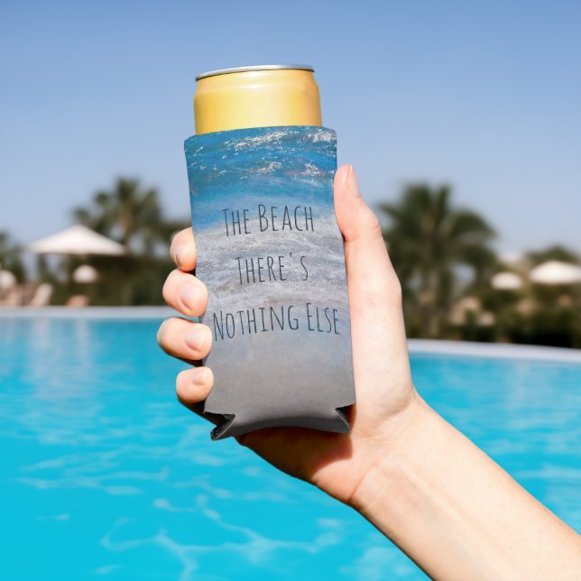 The Beach Blue White Coastal Ocean Wave Phrase Seltzer Can Cooler (In Situ Pool)