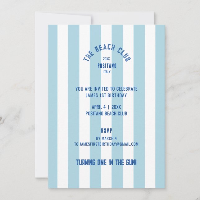 The Beach Club Blue Cabana Stripe 1s Birthday Invitation (Front)