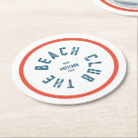 The Beach Club Blue Crest Orange Red Stripe Round Paper Coaster<br><div class="desc">The Beach Club paper coasters are perfect for your summer gatherings in the garden, by the pool or at the beach... Orange/red stripe with blue distressed custom beach club crest. Personalise with the details of your gathering... year, beach and destination. Perfect for a family or friends beach trip, beach theme...</div>