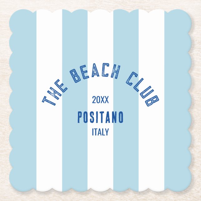 The Beach Club Crest Blue Cabana Stripe Paper Coaster (Front)