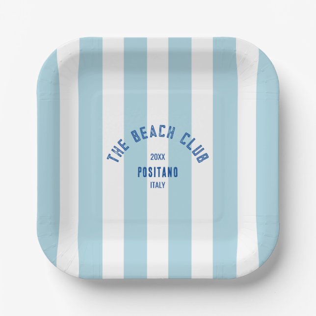 The Beach Club Crest Blue Cabana Stripe Paper Plate (Front)