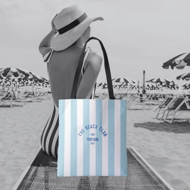 The Beach Club Crest Blue Cabana Stripe Tote Bag (Creator Uploaded)