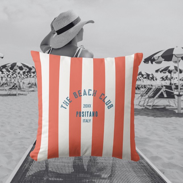 The Beach Club Crest Orange Red Cabana Stripe Cushion (Creator Uploaded)