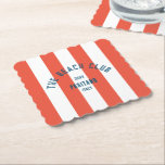 The Beach Club Crest Orange Red Cabana Stripe Paper Coaster<br><div class="desc">The Beach Club paper coasters are perfect for your beach club theme summer gatherings in the garden, by the pool or at the beach... Orange/red cabana stripes with blue distressed custom beach club crest. Personalise with the details of your gathering... year, beach and destination. Perfect for a family or friends...</div>