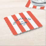The Beach Club Crest Orange Red Cabana Stripe Paper Coaster<br><div class="desc">The Beach Club paper coasters are perfect for your beach club theme summer gatherings in the garden, by the pool or at the beach... Orange/red cabana stripes with blue distressed custom beach club crest. Personalise with the details of your gathering... year, beach and destination. Perfect for a family or friends...</div>