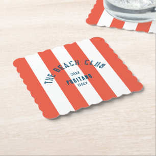 The Beach Club Crest Orange Red Cabana Stripe Paper Coaster