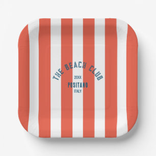 The Beach Club Crest Orange Red Cabana Stripe Paper Plate