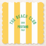The Beach Club Crest Yellow Cabana Stripe Paper Coaster<br><div class="desc">The Beach Club paper coasters are perfect for your beach club theme summer gatherings in the garden, by the pool or at the beach... Yellow cabana stripes with green distressed custom beach club crest. Personalise with the details of your gathering... year, beach and destination. Perfect for a family or friends...</div>