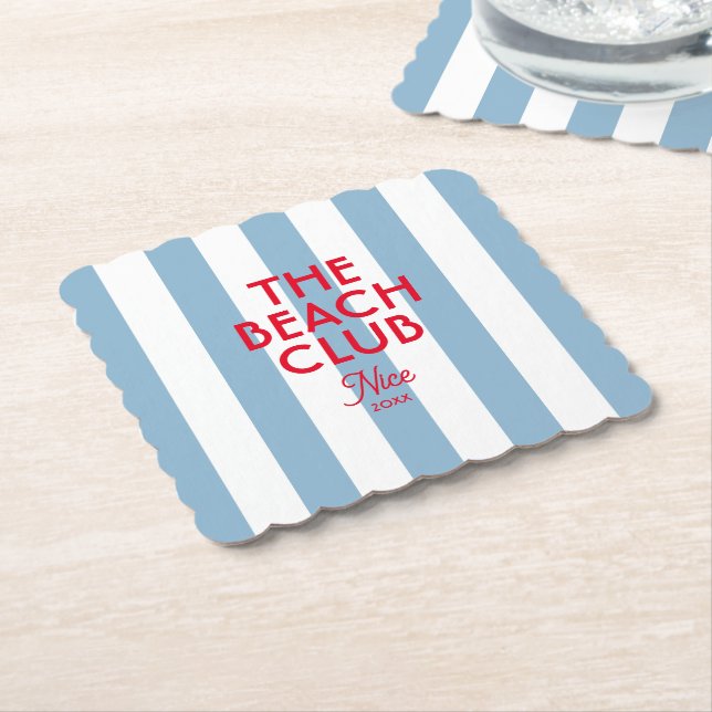 The Beach Club French Red Blue Cabana Stripe  Paper Coaster (Angled)