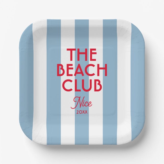 The Beach Club French Red Blue Cabana Stripe  Paper Plate (Front)